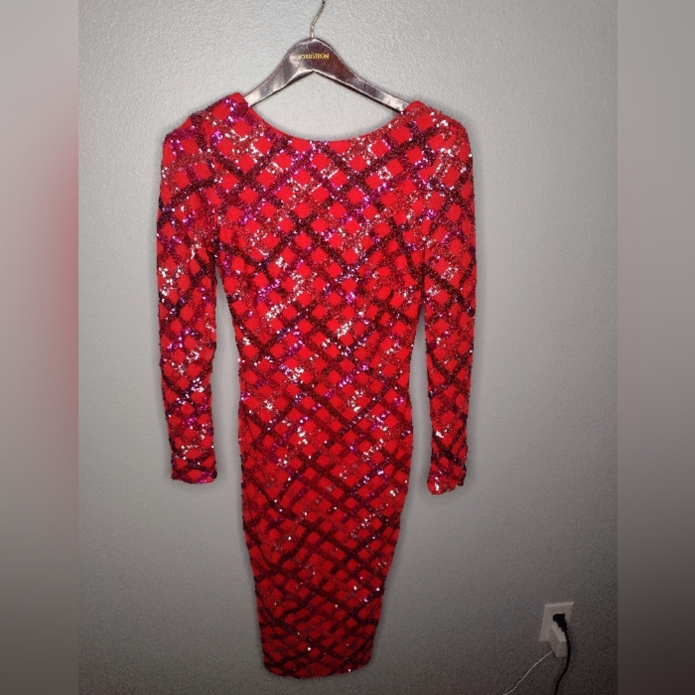 Dress the Population Emery Long Sleeve Sequin Cocktail Midi Bodycon Small A16